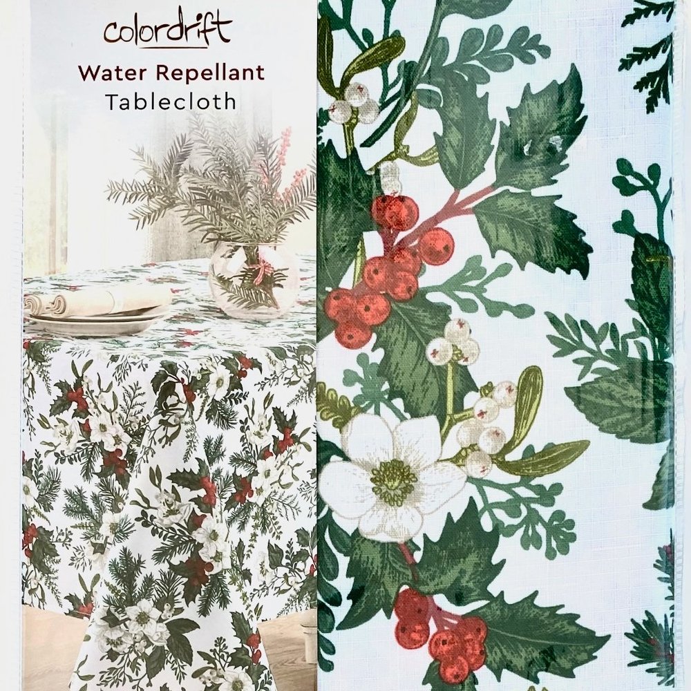 NEW Colordrift Christmas Festive Garland Fabric Tablecloth 70” Round Spillproof